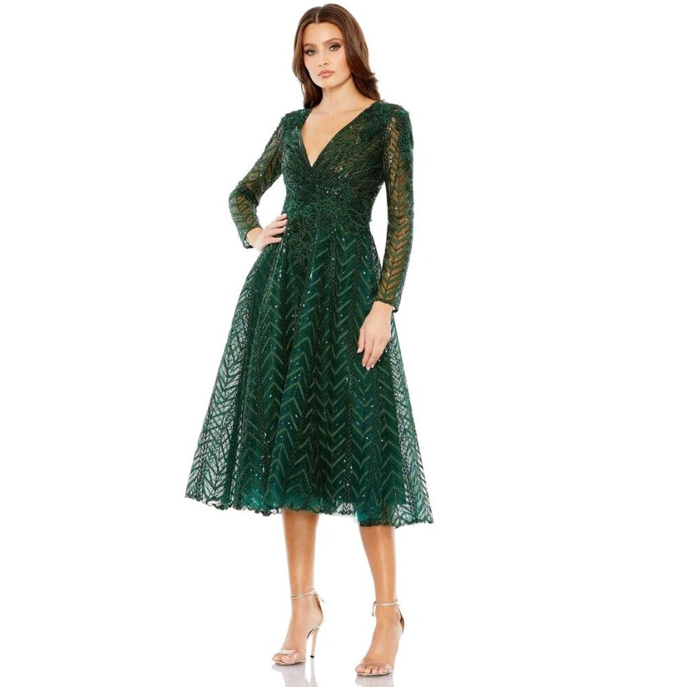 Mac Duggal Emerald Green Long Sleeve Midi Dress